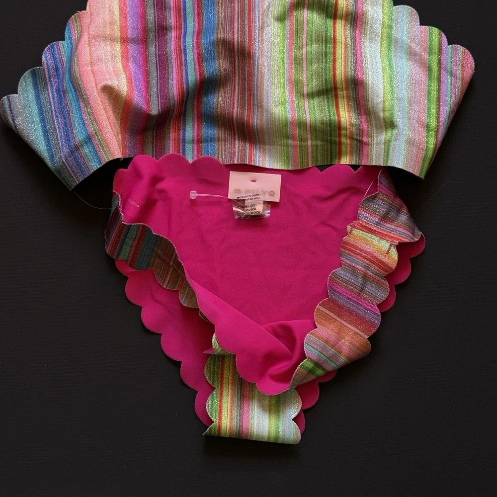 PilyQ Girls 16 Retro Stripe Seamless Scallop High Neck Bikini‎ Reversible NWT